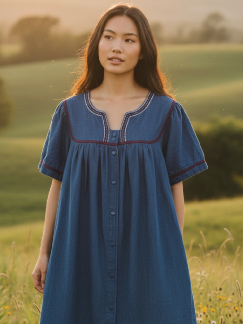 Go Softly Patio House Dress Mumu Sz Small Denim Jean Embroidered Blue Granny